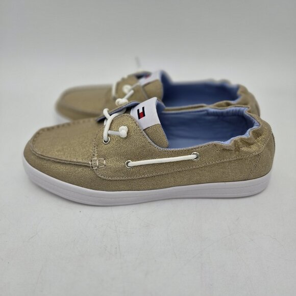 Tommy Hilfiger Womens Slip-On Gold Shimmer Preppy Boat Shoes 9 Logo Loafers New - Picture 3 of 9